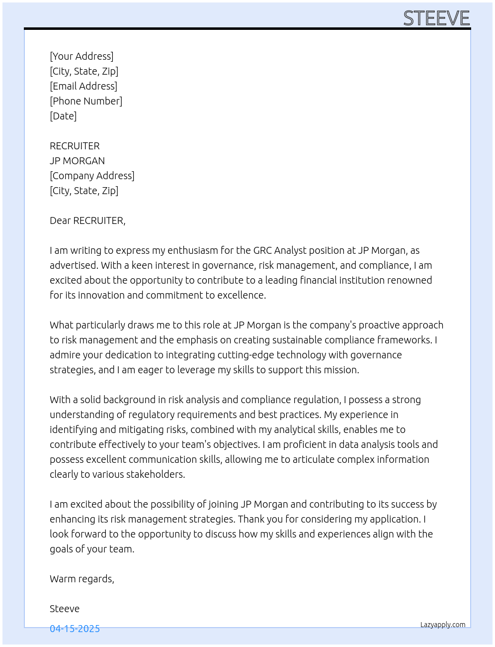 GRC ANALYST At JP MORGAN Cover Letter