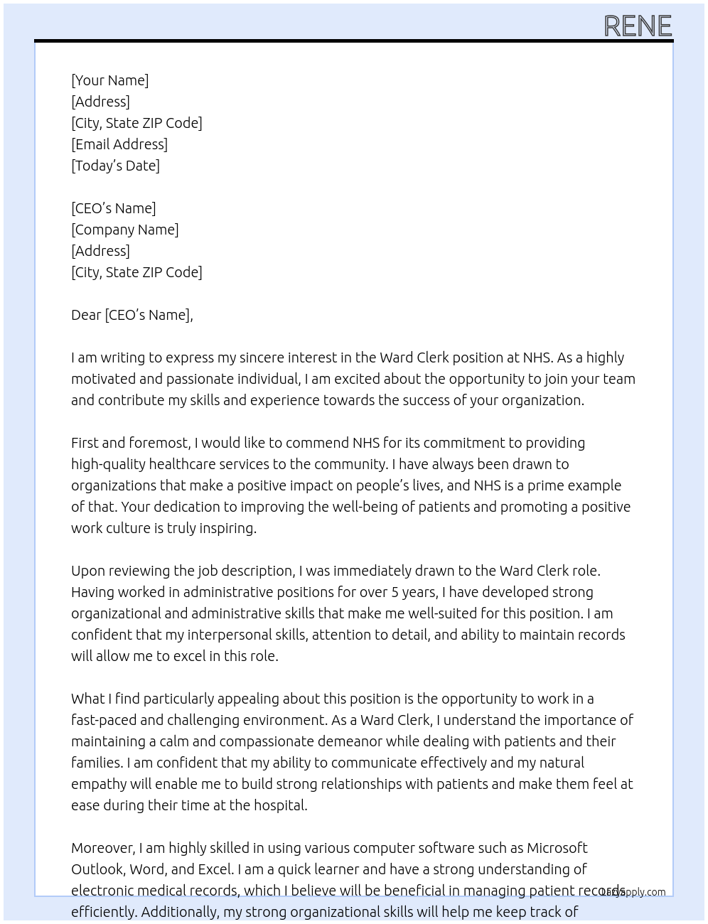 Ward Clerk At NHS Cover Letter