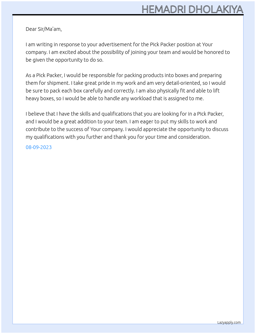 Pick Packer At Your company Cover Letter