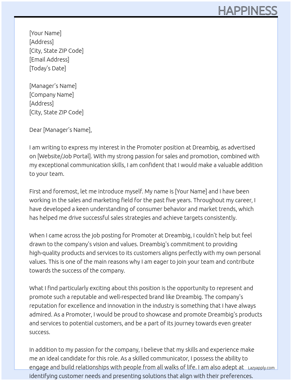 Promoter At Dreambig Cover Letter