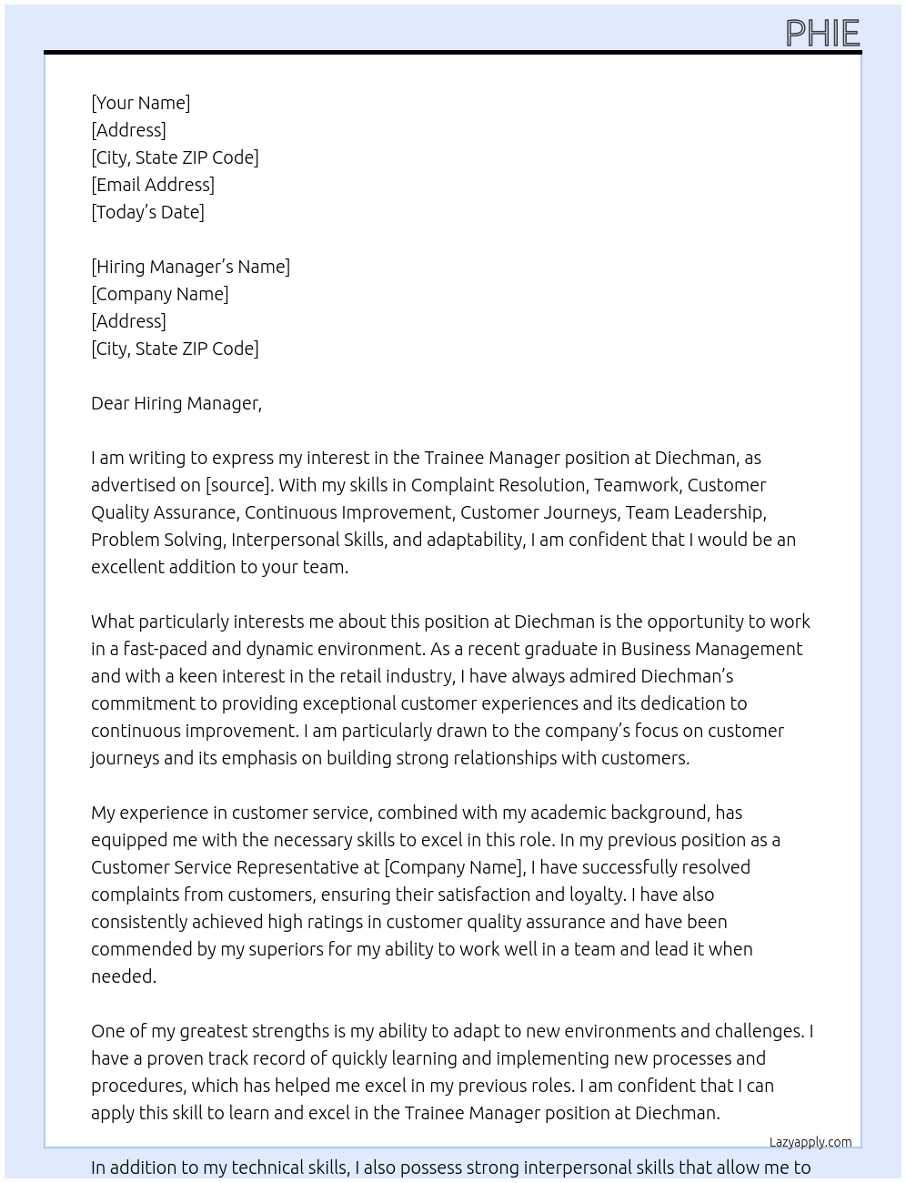 Trainee Manager At Diechman Cover Letter