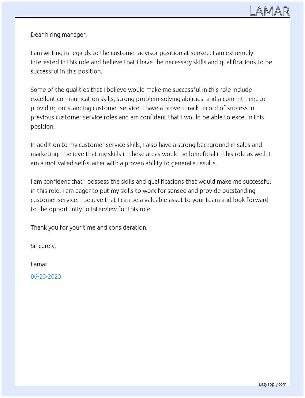 customer advisor At sensee Cover Letter