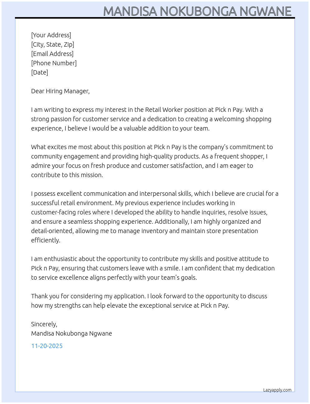 Cover letter for retail worker - LazyApply