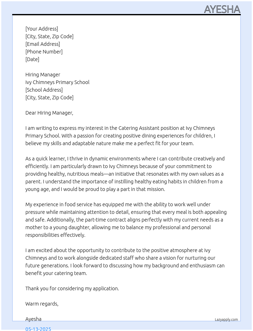 Catering assistant At Ivy Chimneys Primary School Cover Letter