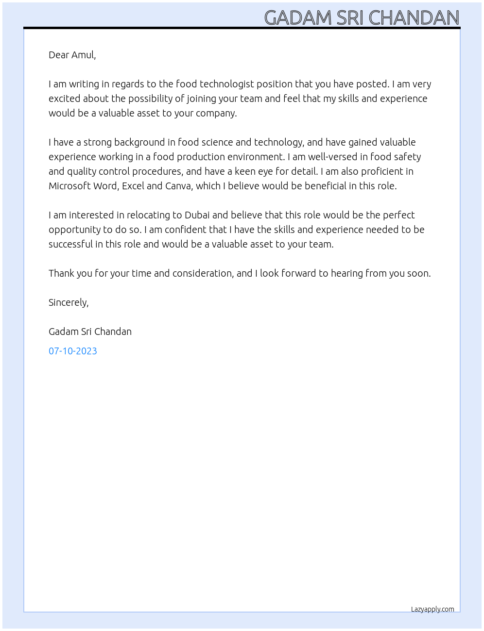 food technologist  At AMUL Cover Letter