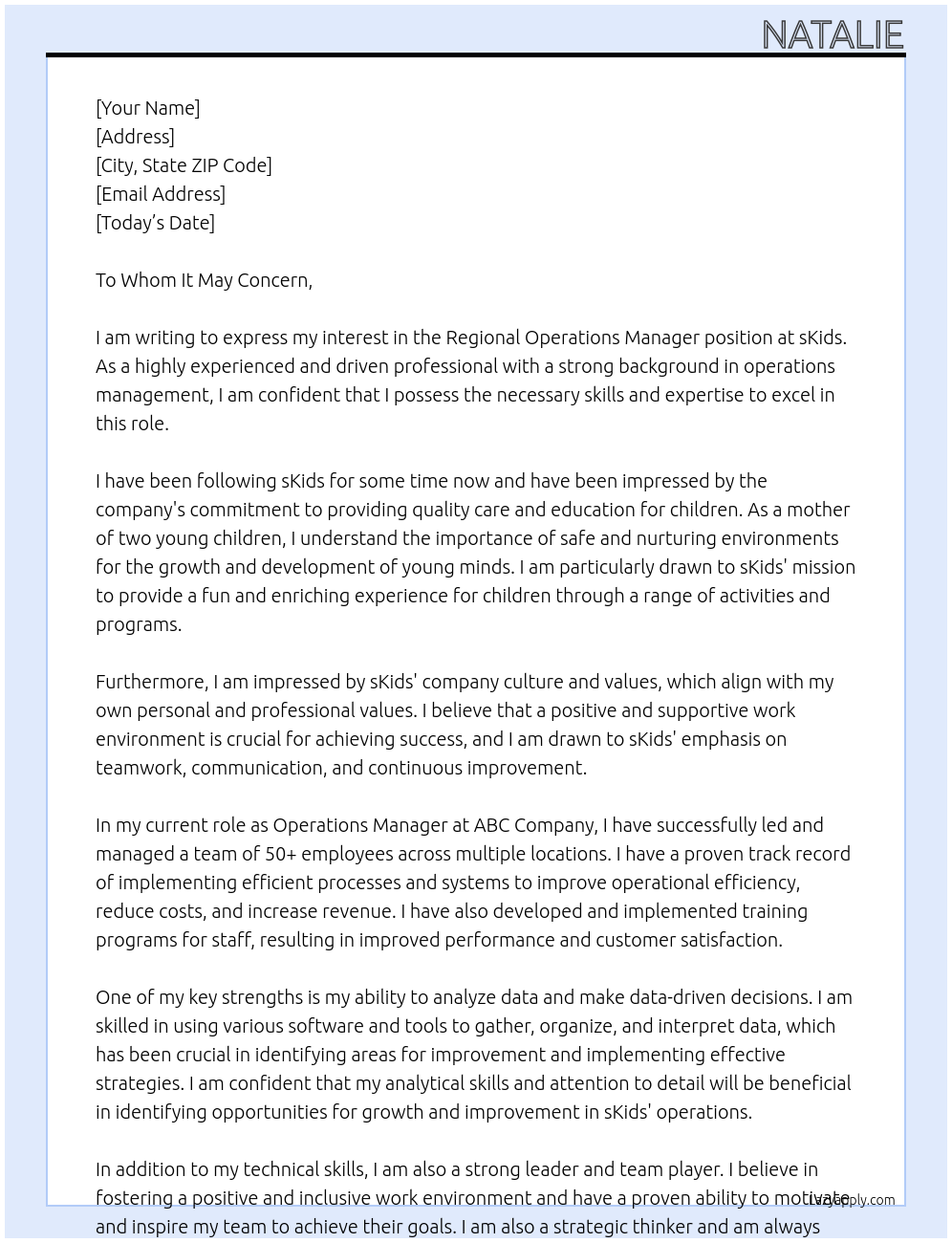 Regional operations manager At sKids Cover Letter