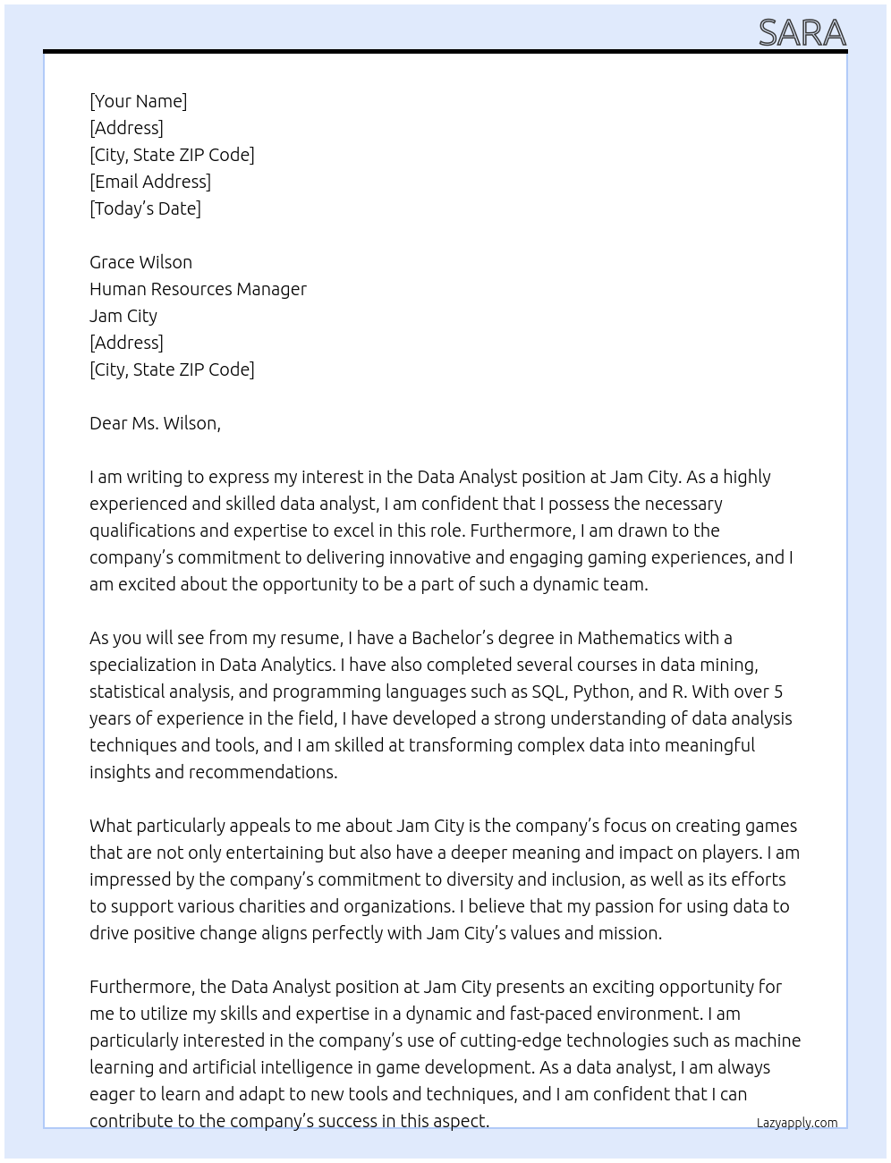 Data analyst At jam city Cover Letter