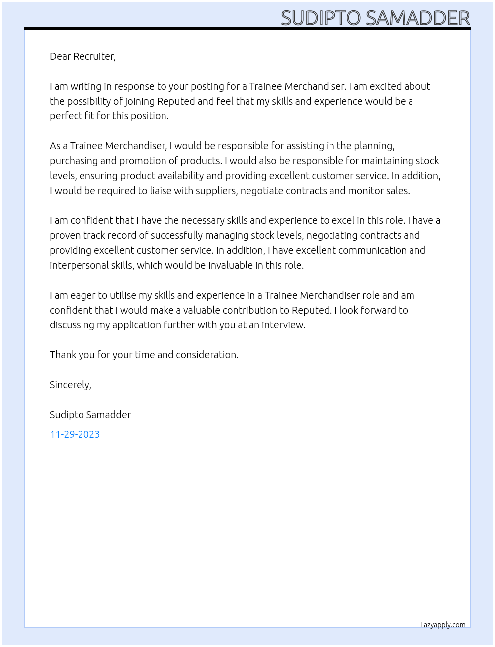 Trainee Merchandiser At Reputed Cover Letter