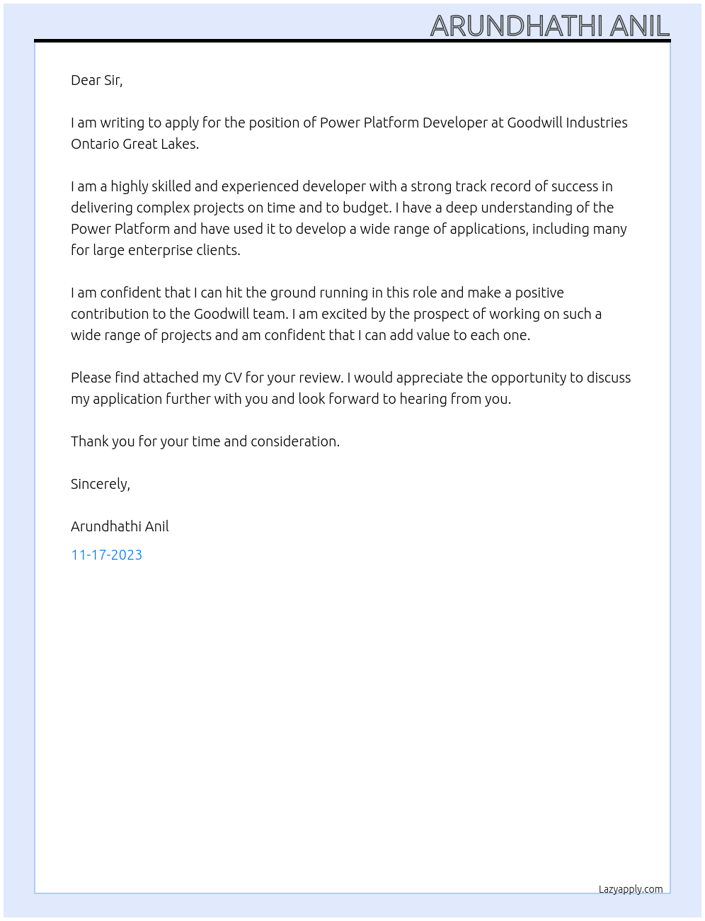 Power Platform Developer At oodwill Industries Ontario Great Lakes Cover Letter