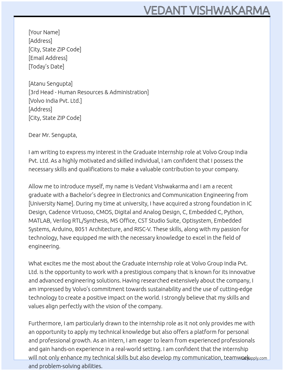 Graduate At Volvo Group India Pvt. Ltd. Cover Letter