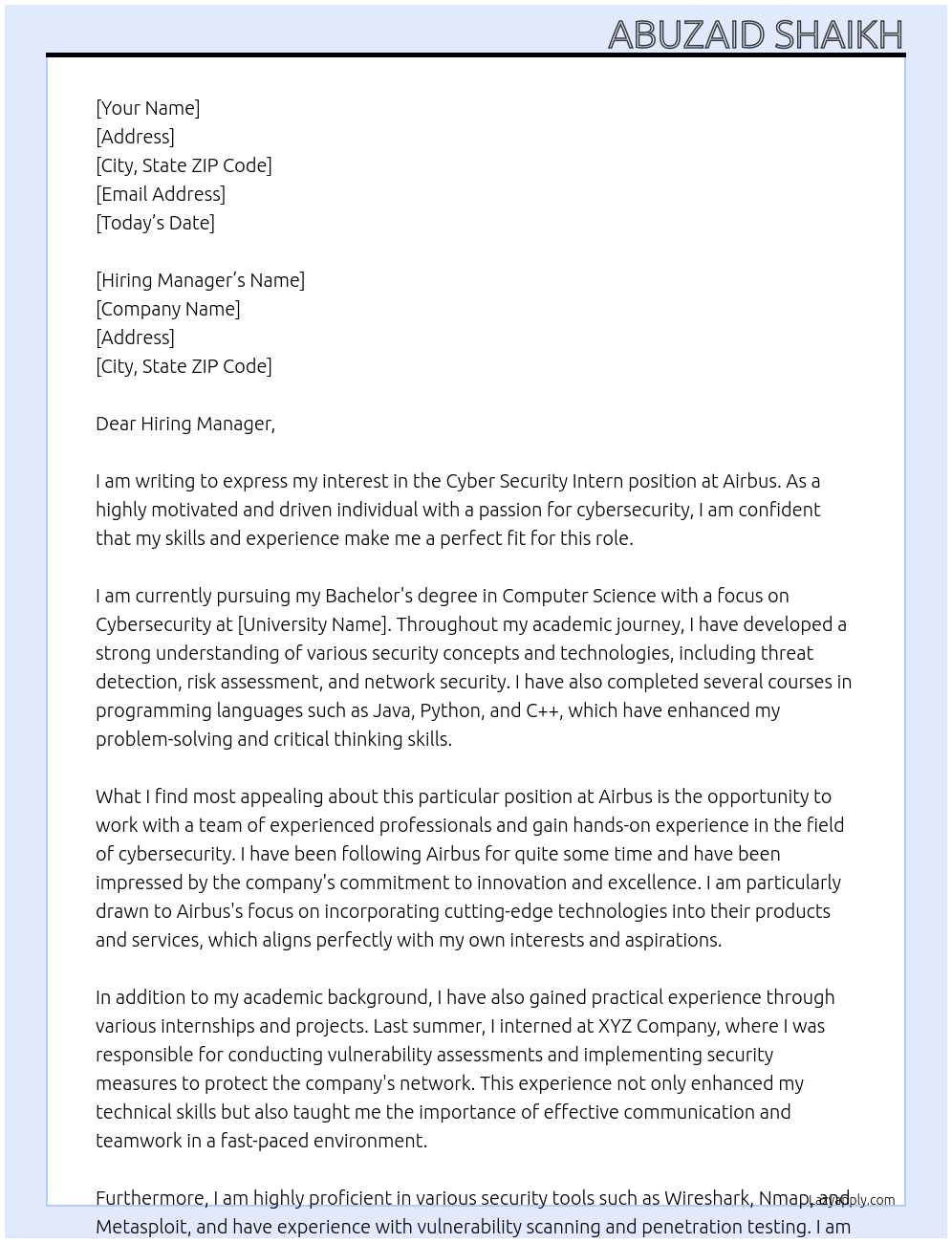 Cyber Security Intern At Airbus Cover Letter