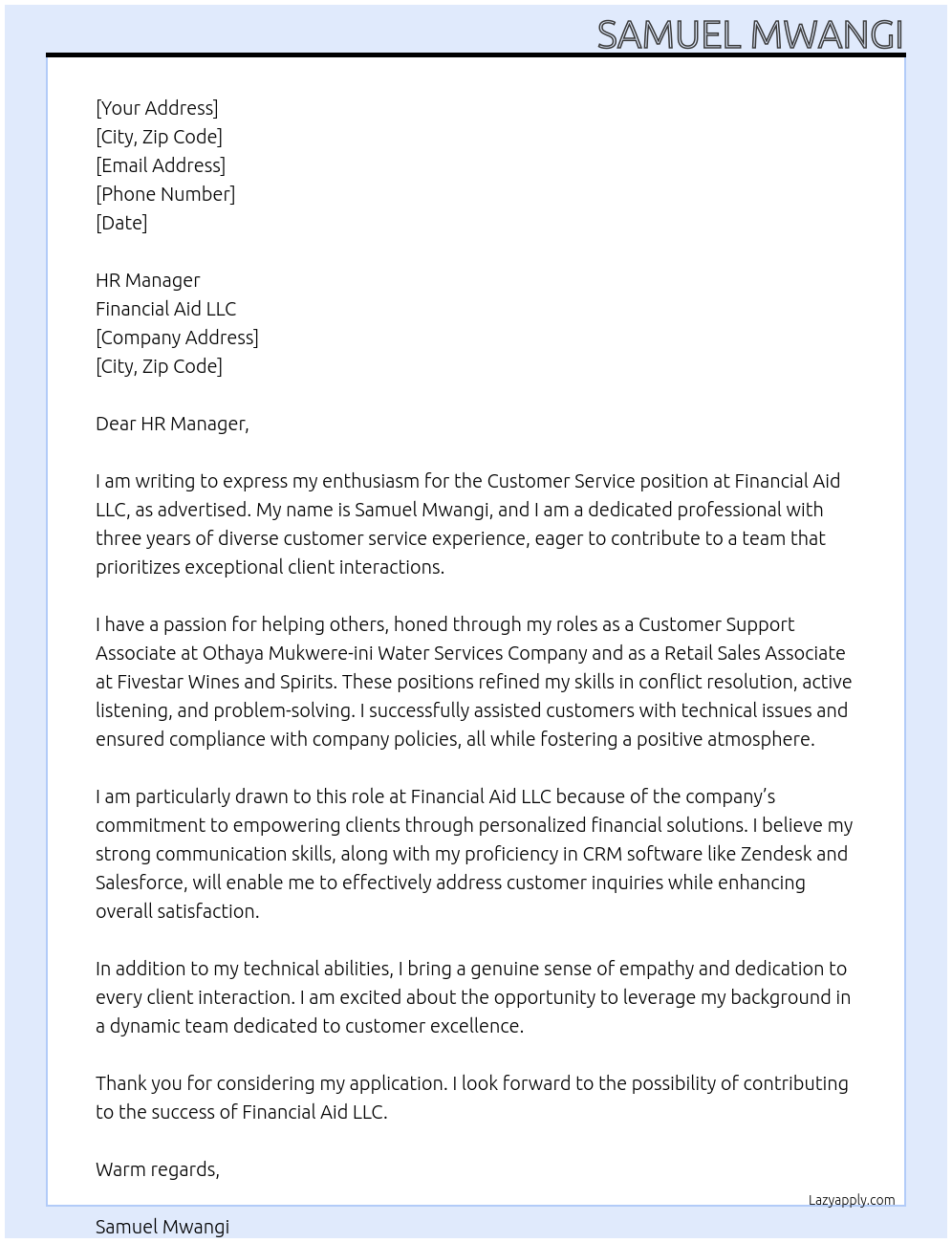 Customer Service At Financial Aid LLC Cover Letter