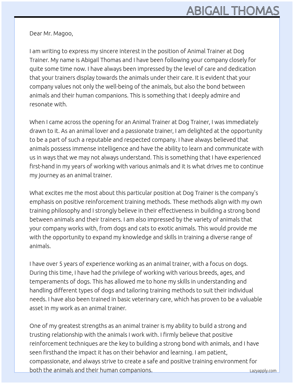 Animal trainer At Dog trainer  Cover Letter