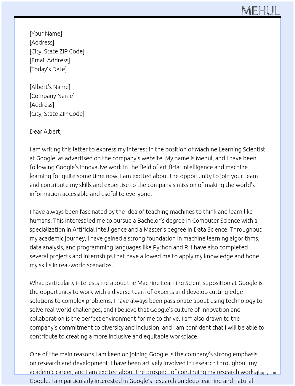 machine learning scientist At google Cover Letter