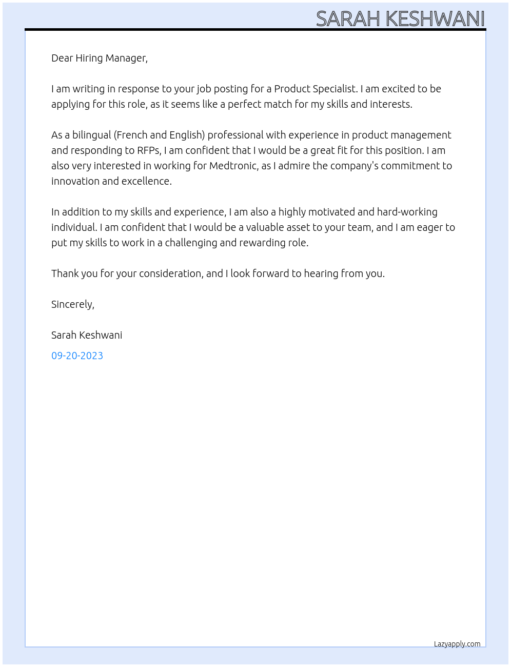 Product specialist At Medtronic Cover Letter