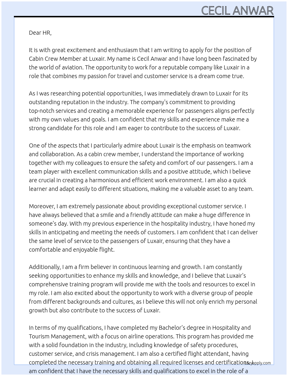 Cabin Crew Member At Luxair Cover Letter