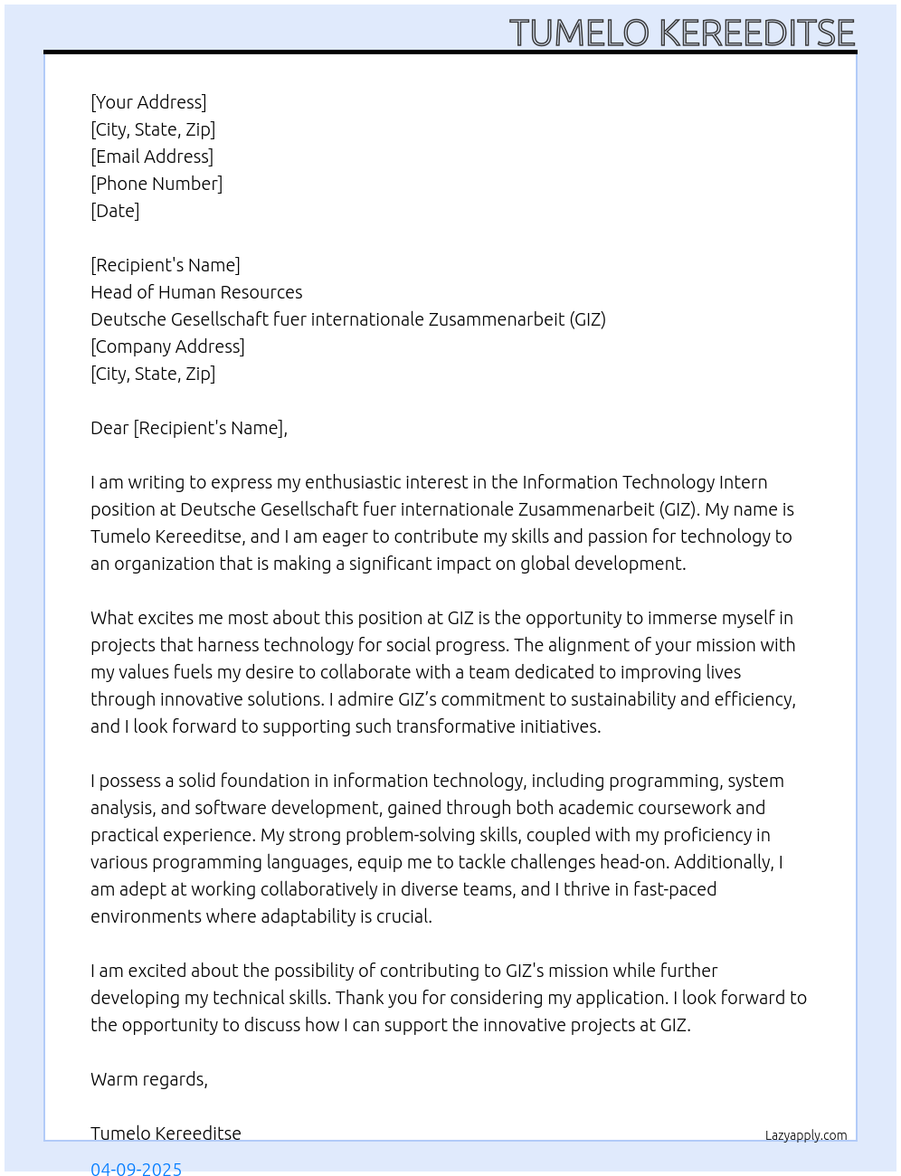 Cover letter for information technology intern - LazyApply