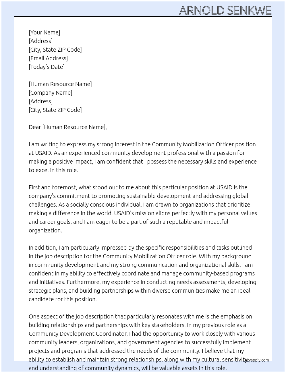 community Mobilization Officer At USAID Cover Letter