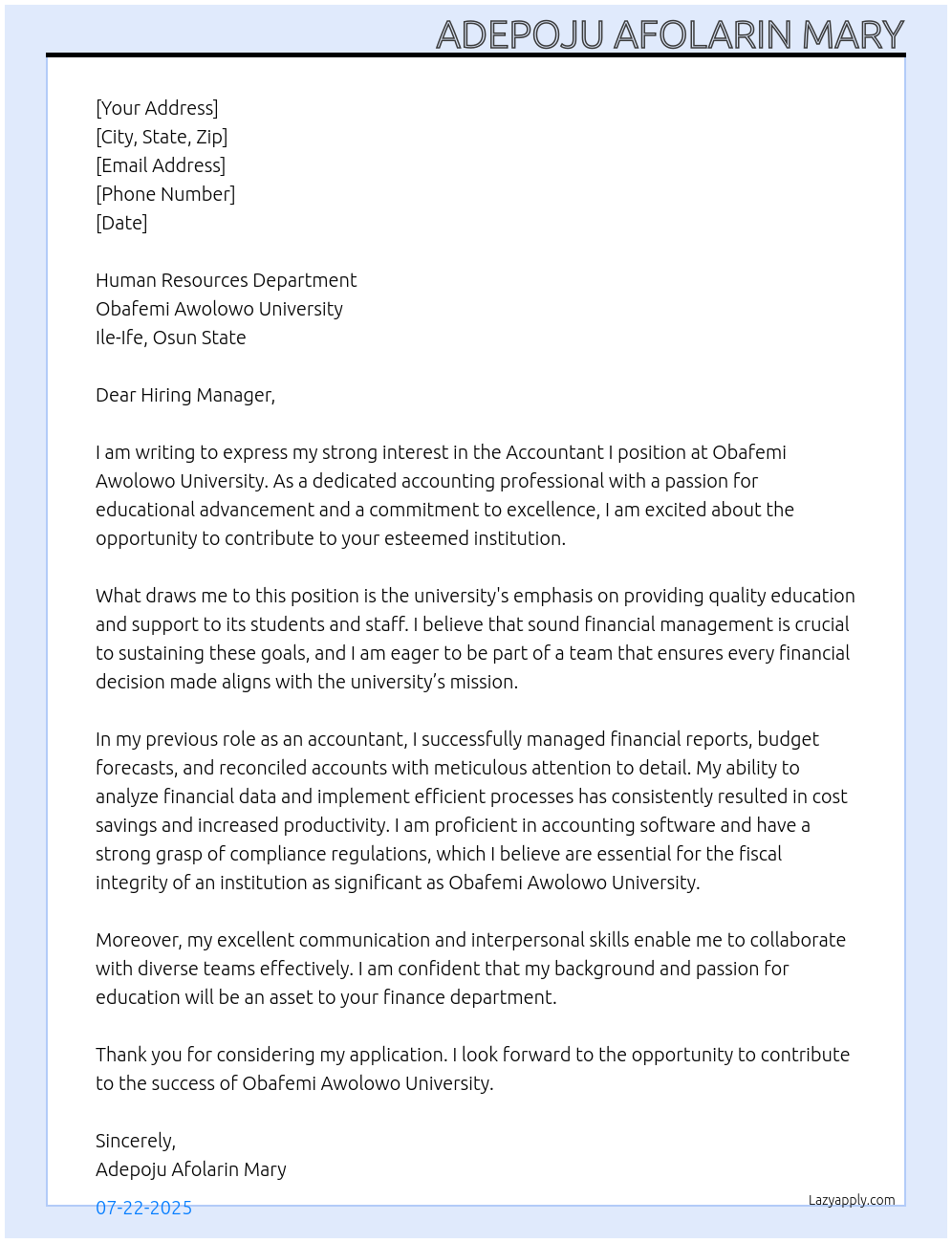 Accountant I At OBAFEMI AWOLOWO UNIVERSITY Cover Letter