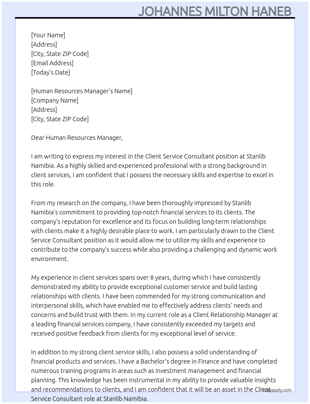 Client Service Consultant  At Stanlib Namibia  Cover Letter