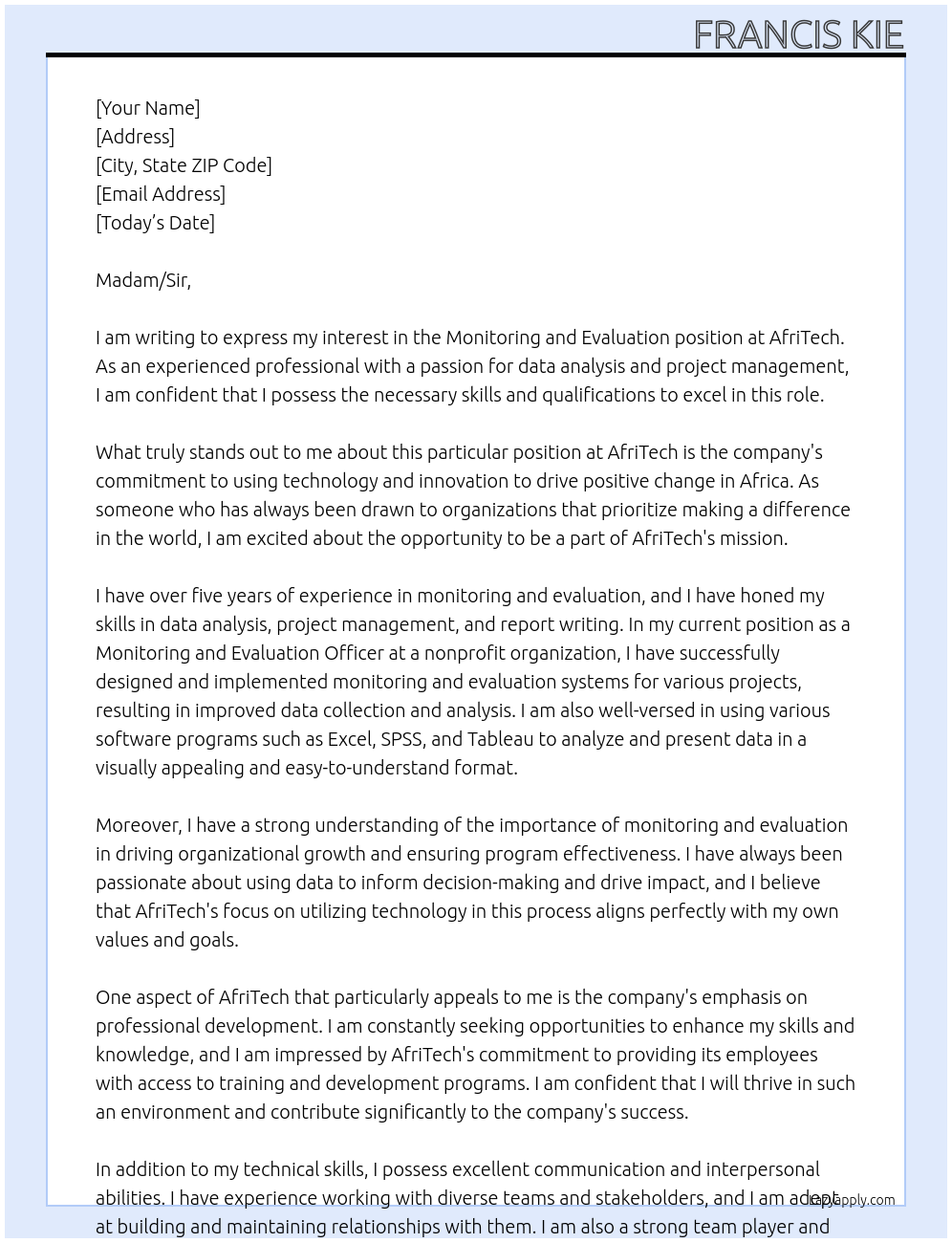 Monitoring and Evaluation At AfriTech Cover Letter