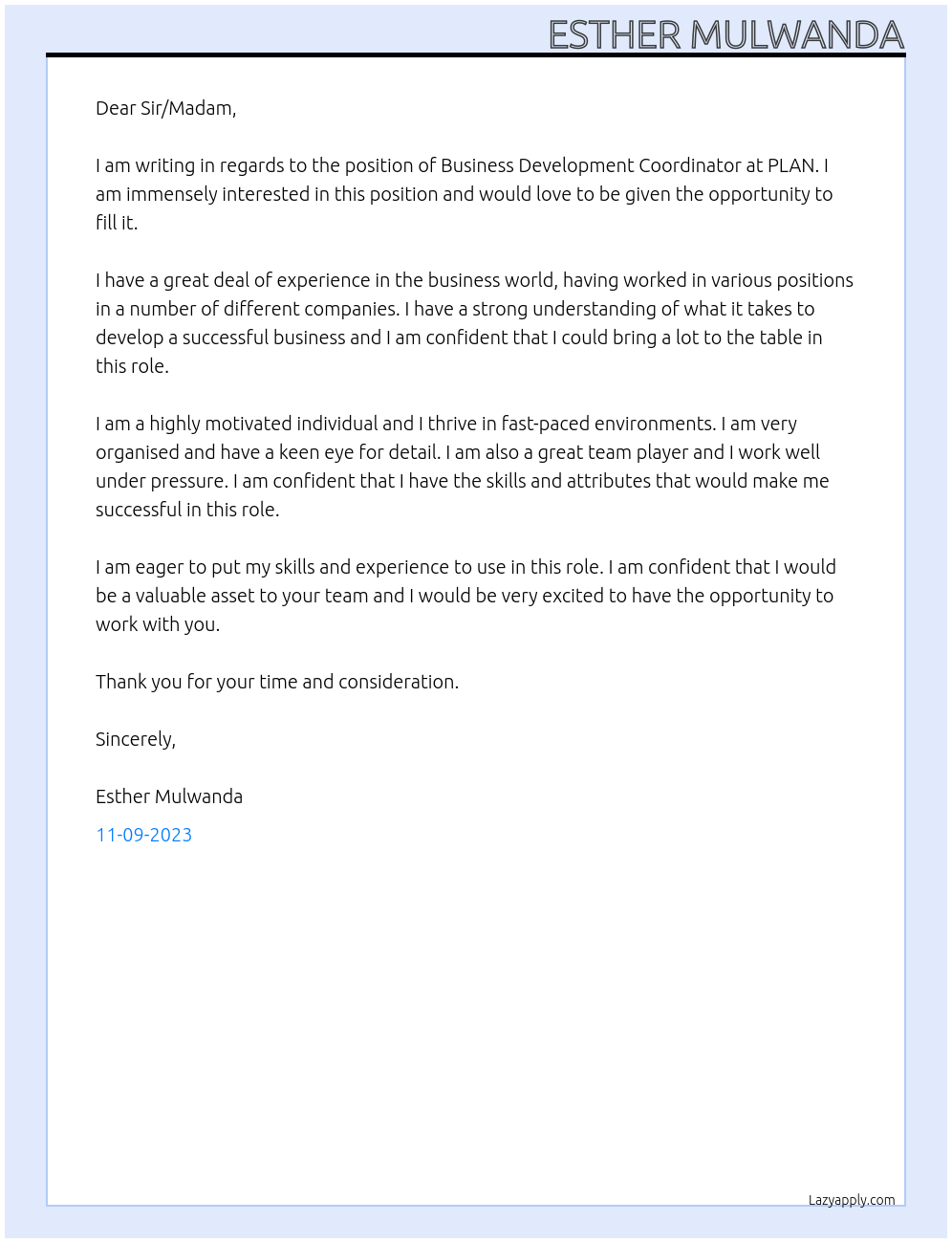 Cover letter for business development coordinator - LazyApply