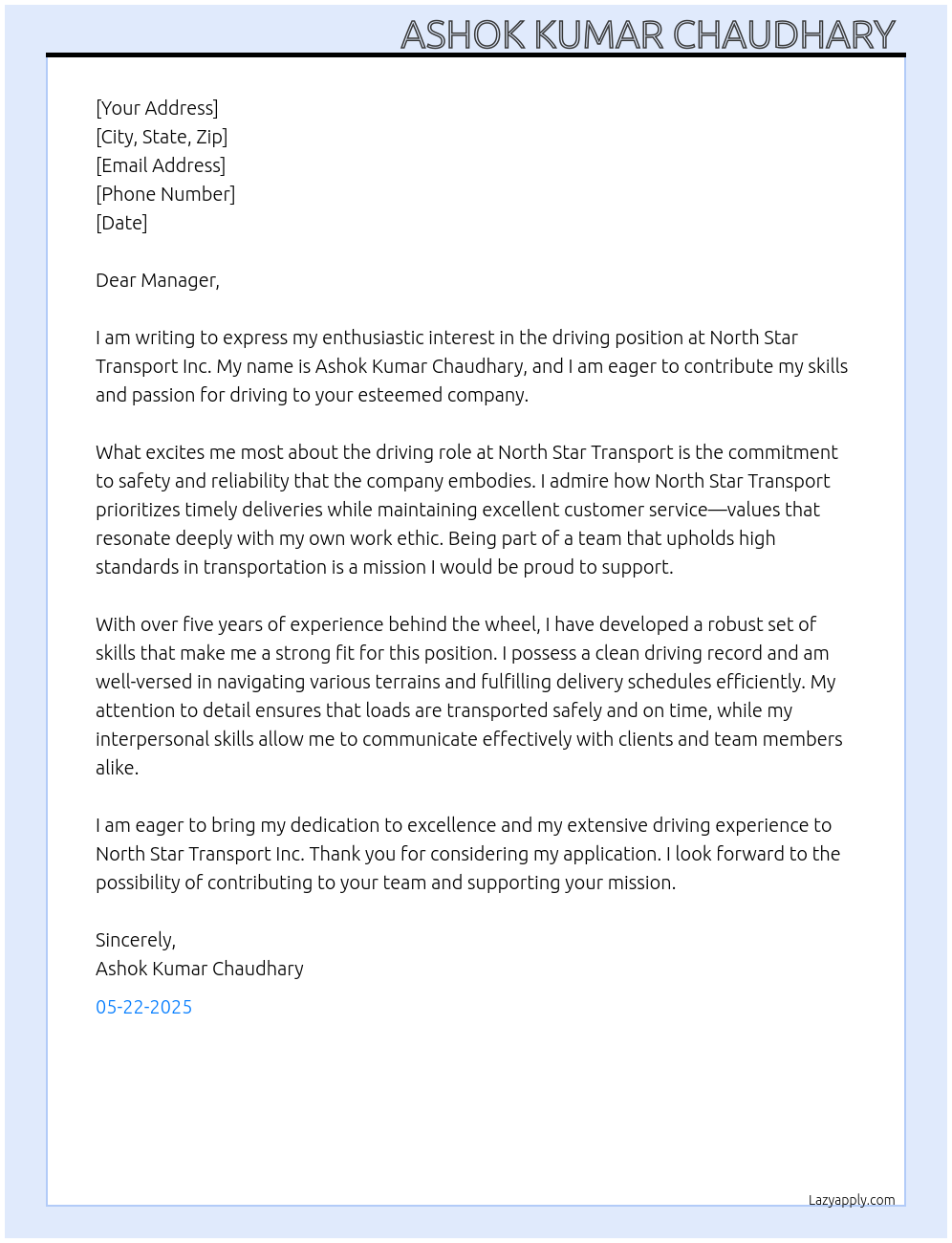 Driving At North star transport inc Cover Letter