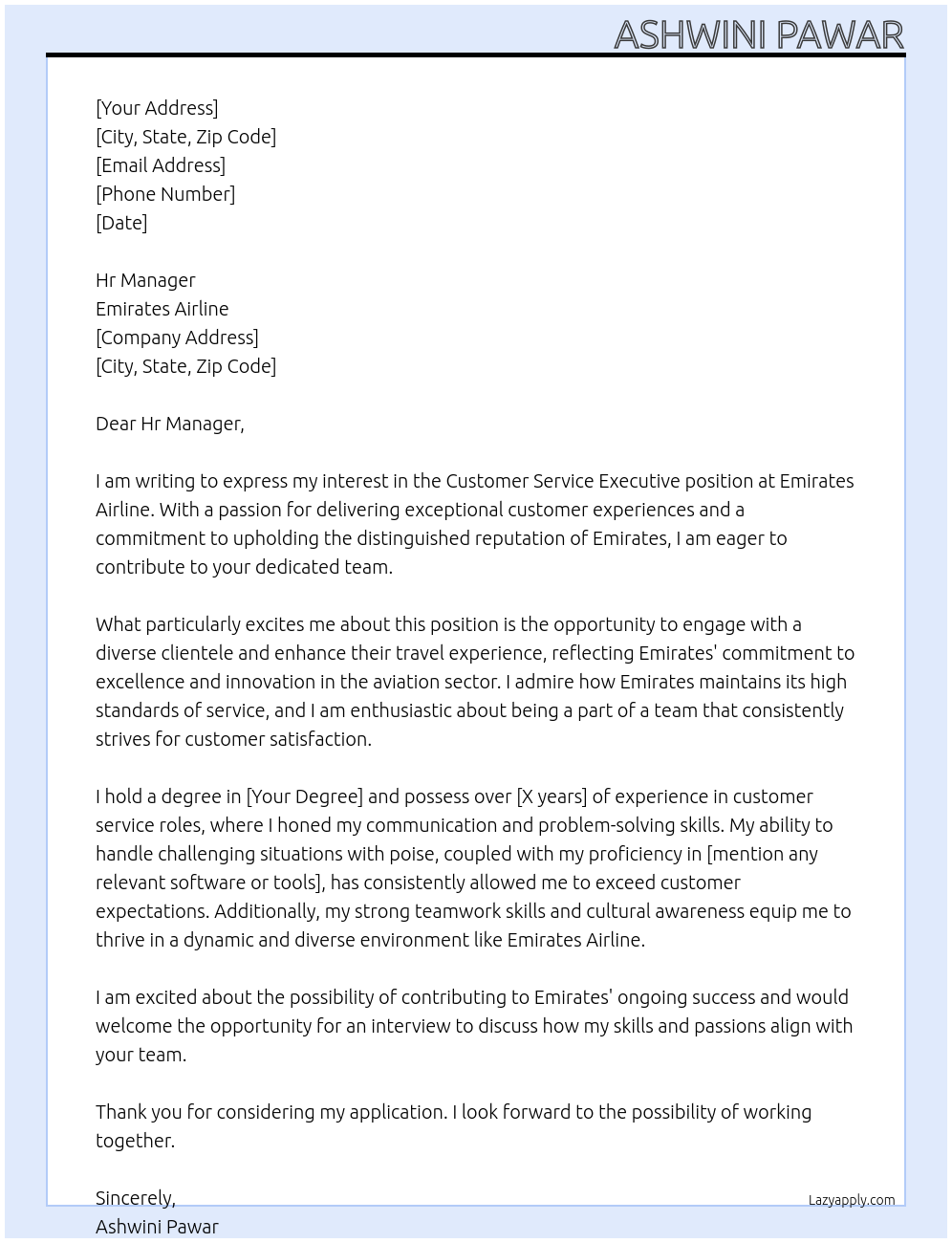 Customer Service Executive At Emirates Airline Cover Letter