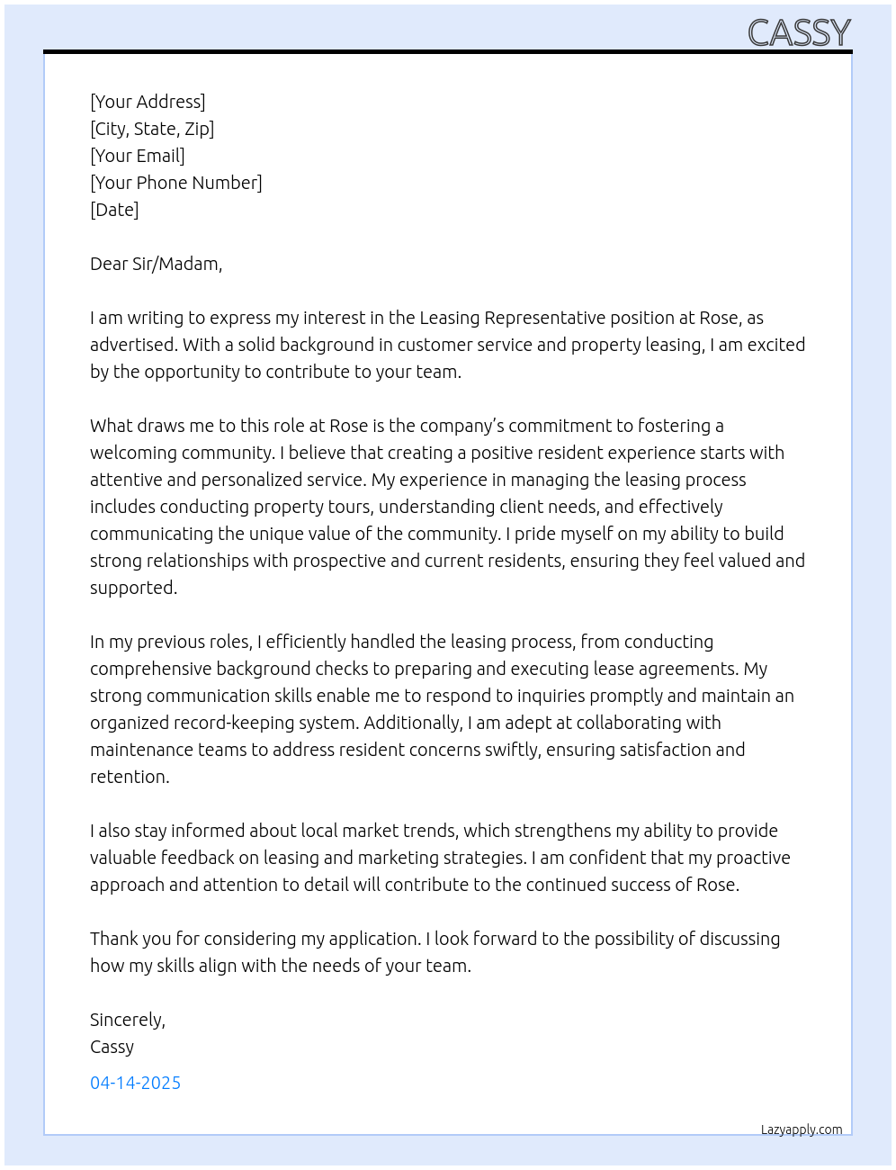 Cover letter for leasing representative - LazyApply