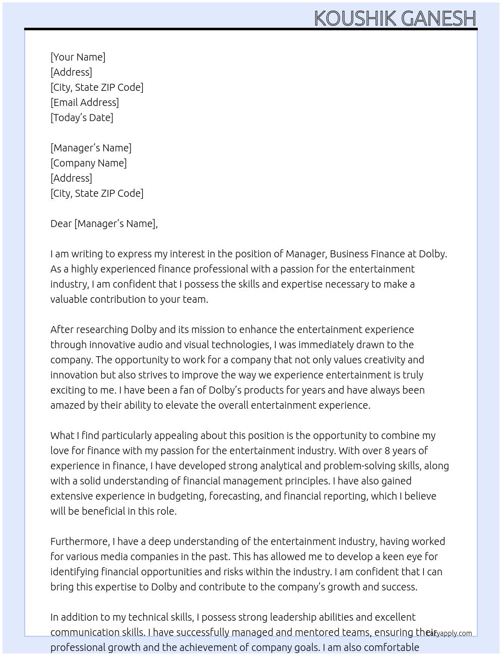Manager, Business Finance At Dolby Cover Letter
