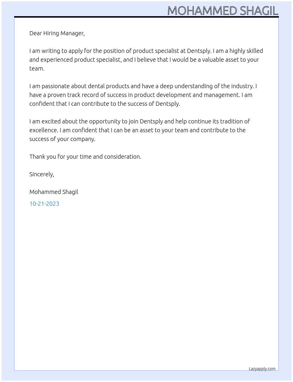 product specialist At Dentsply Cover Letter