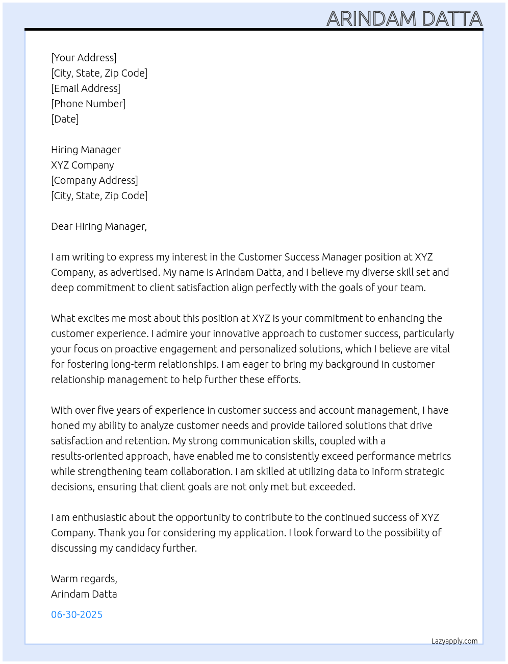 customer Success Manager At xyz Cover Letter