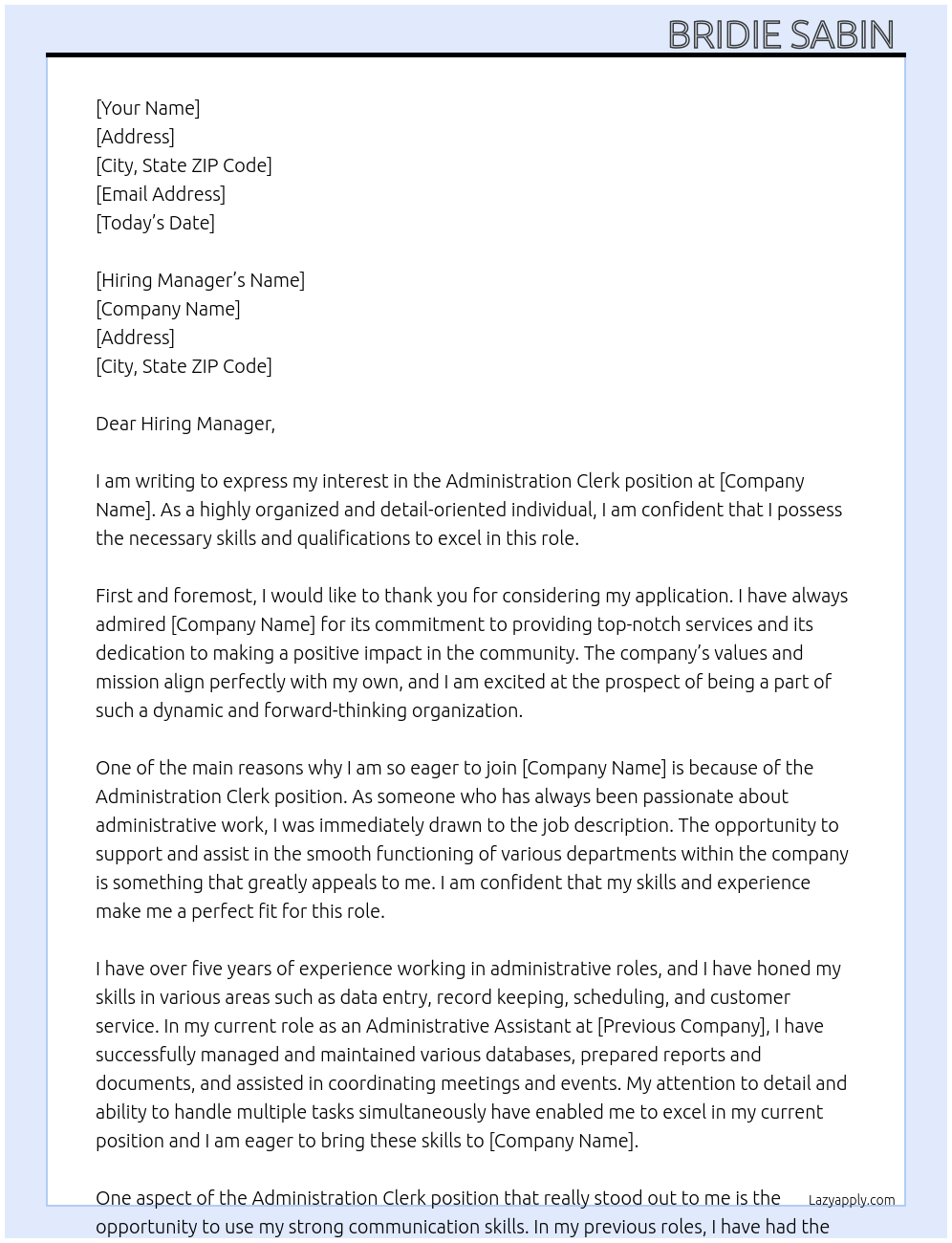 Administration Clerk At . Cover Letter