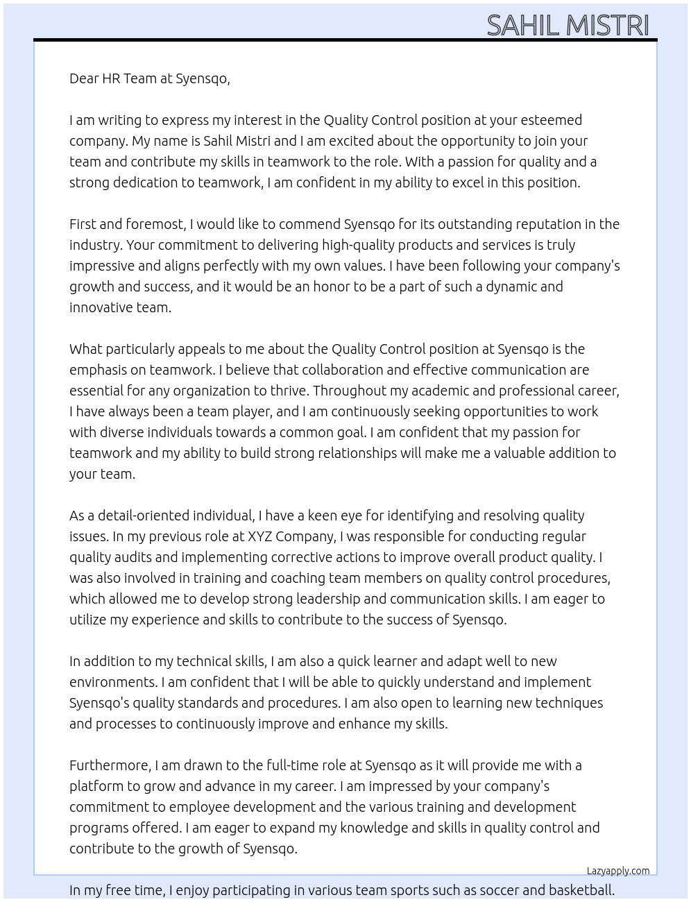 Quality Control At Syensqo Cover Letter