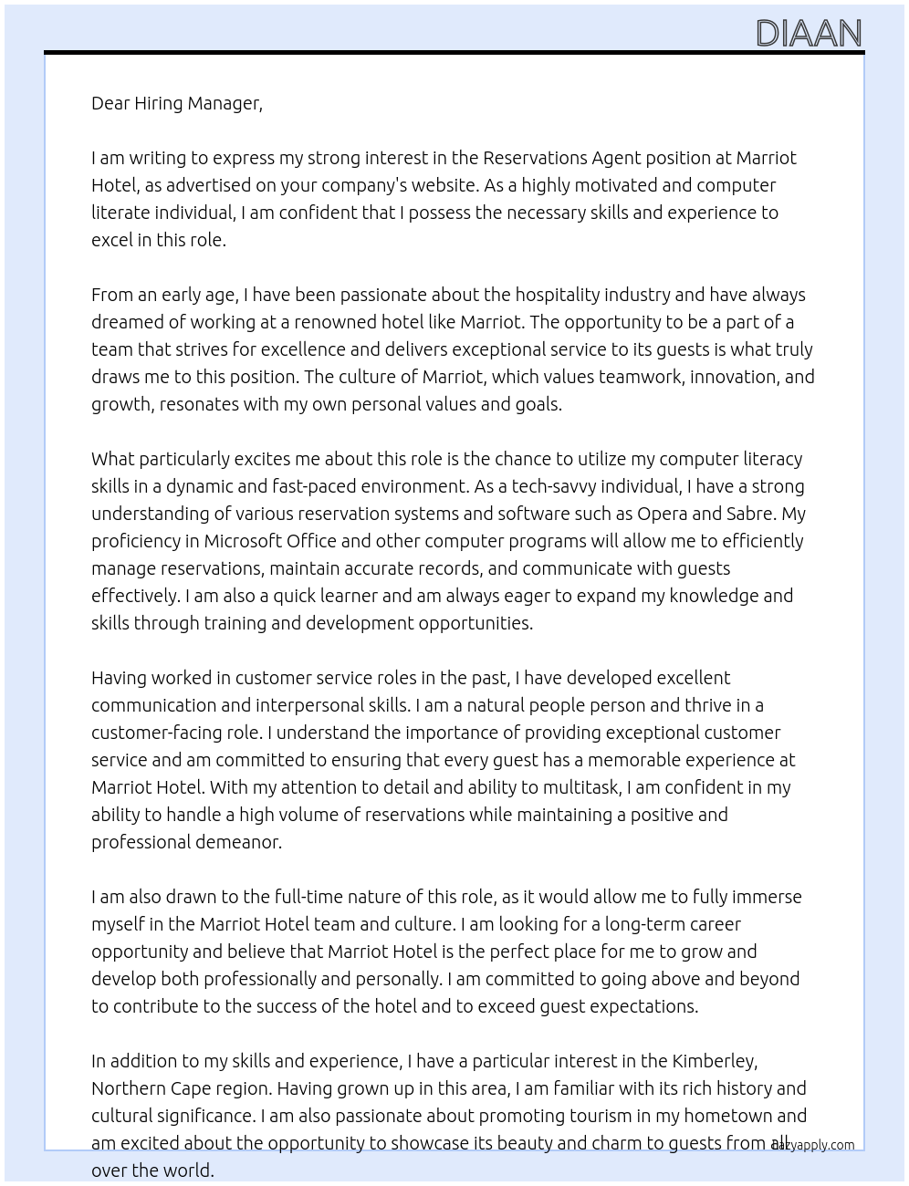 Reservations Agent  At Marriot hotel Cover Letter