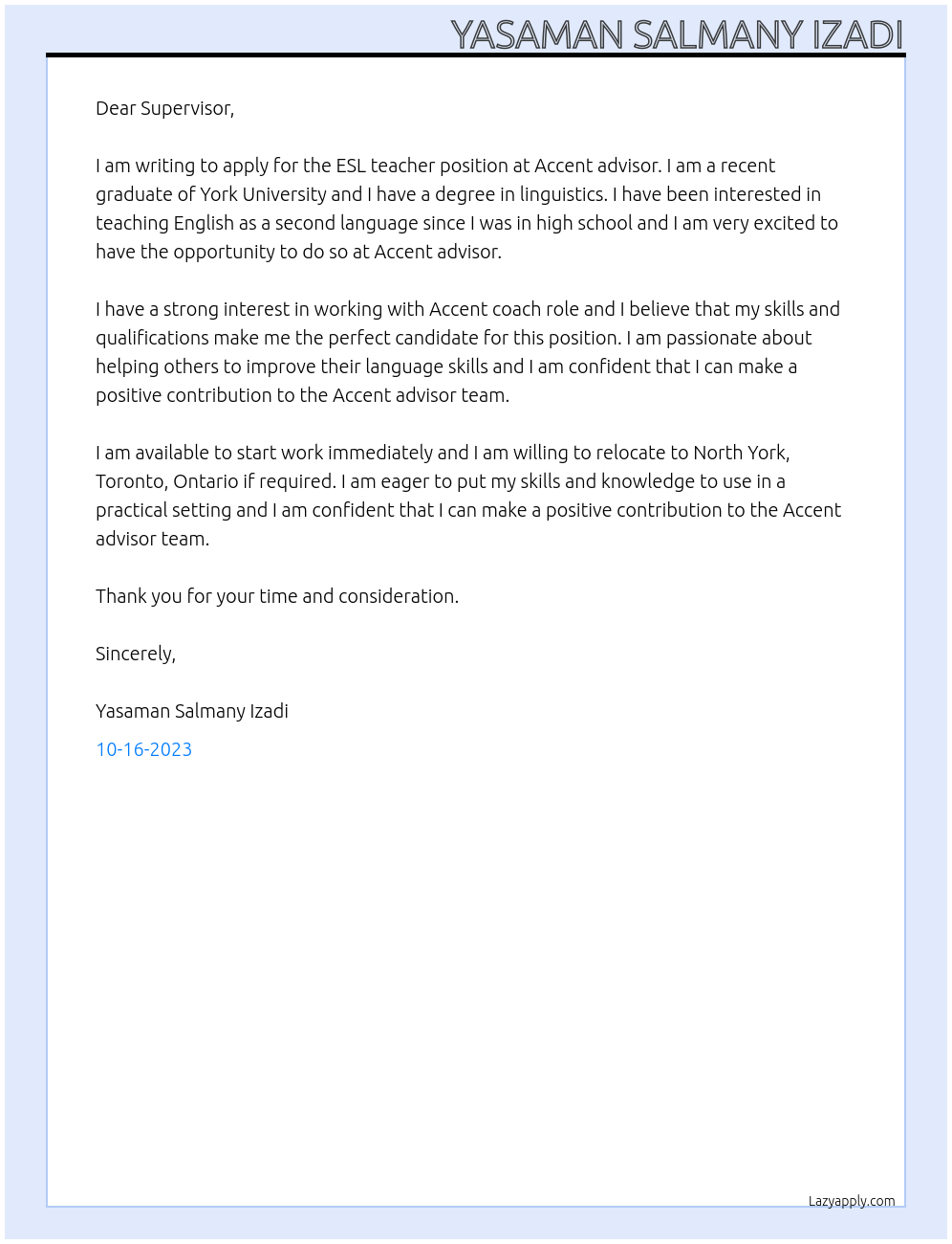 ESL teacher At Accent advisor Cover Letter