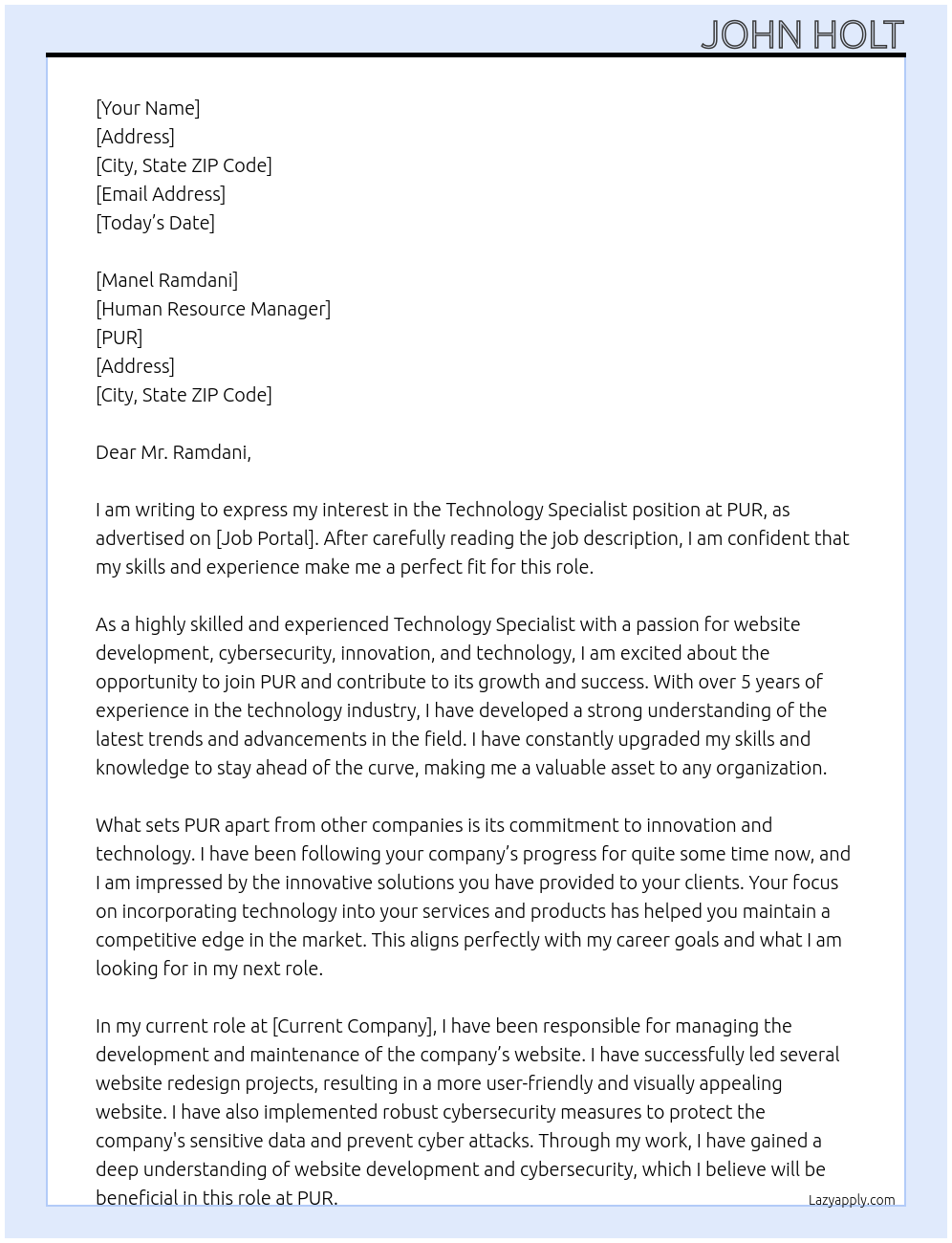 Technology Specialist At PUR Cover Letter