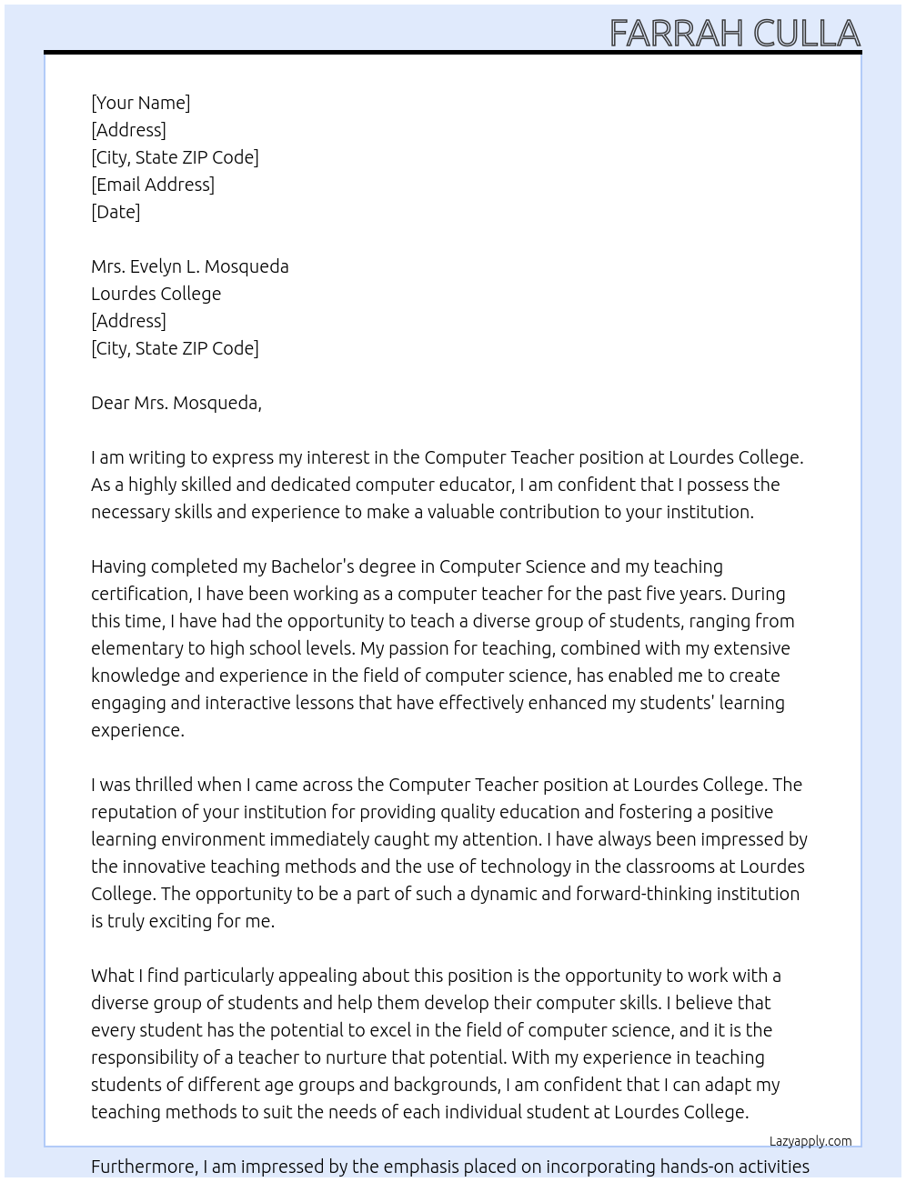 Computer Teacher At Lourdes College Cover Letter