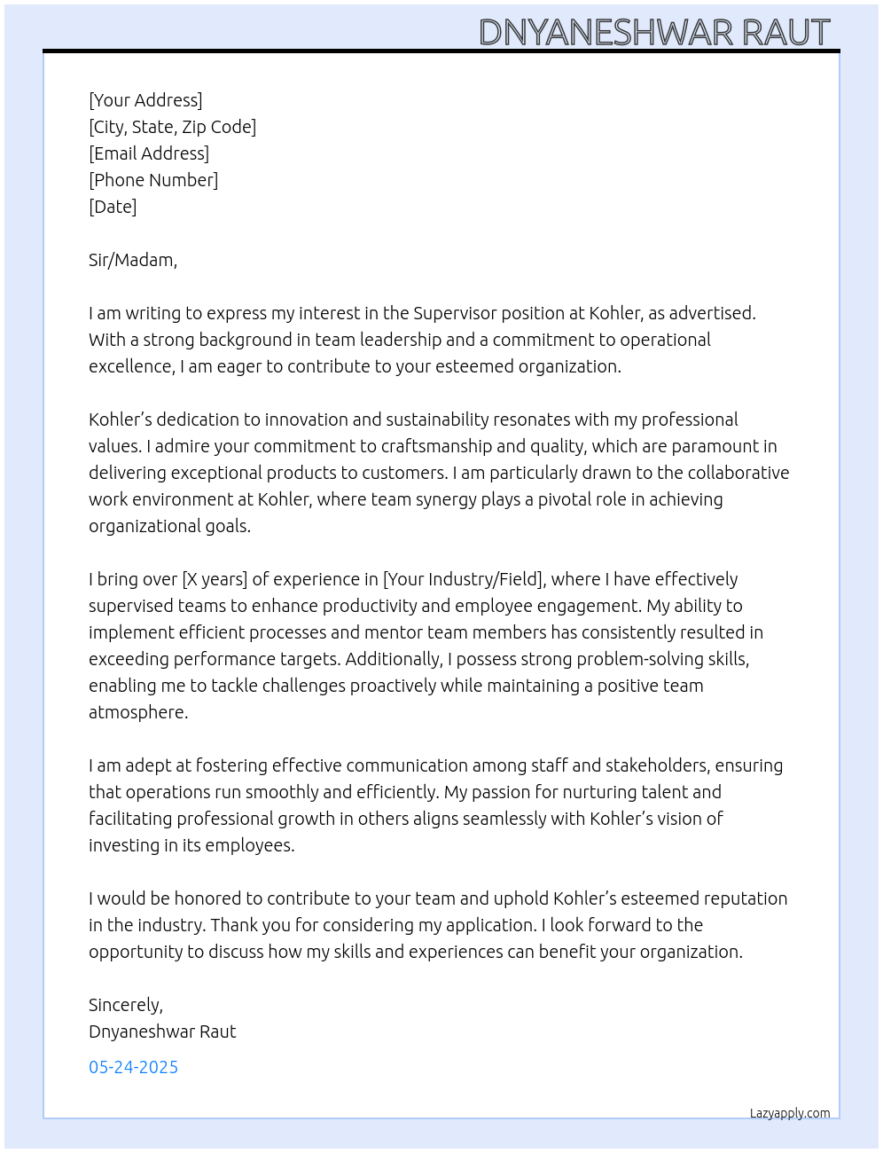 Supervisor At Kohler Cover Letter