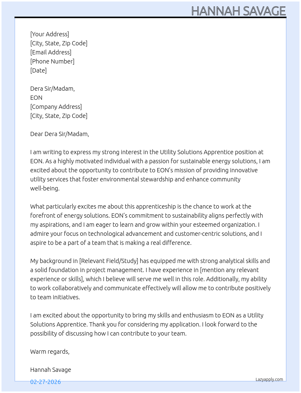 Utility Solutions Apprentice At EON Cover Letter