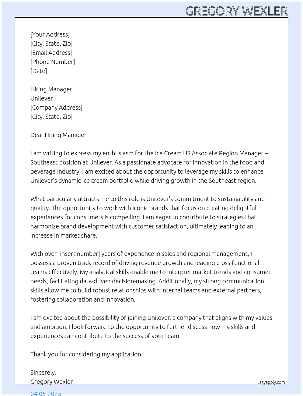 Ice Cream US Associate Region Manager – Southeast At Unilever Cover Letter