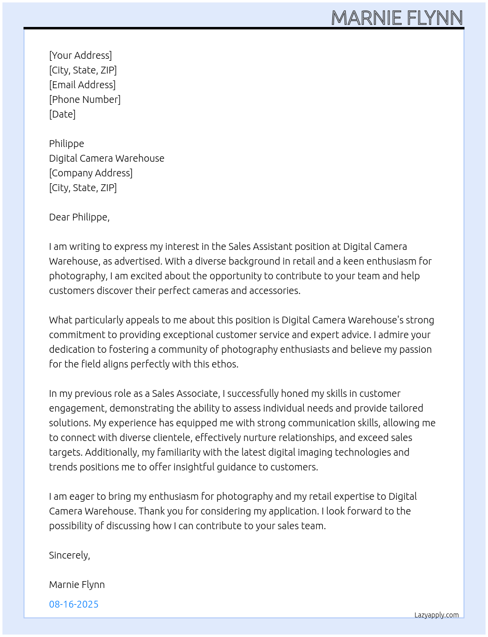 Sales Assistant At Digital Camera Warehouse Cover Letter