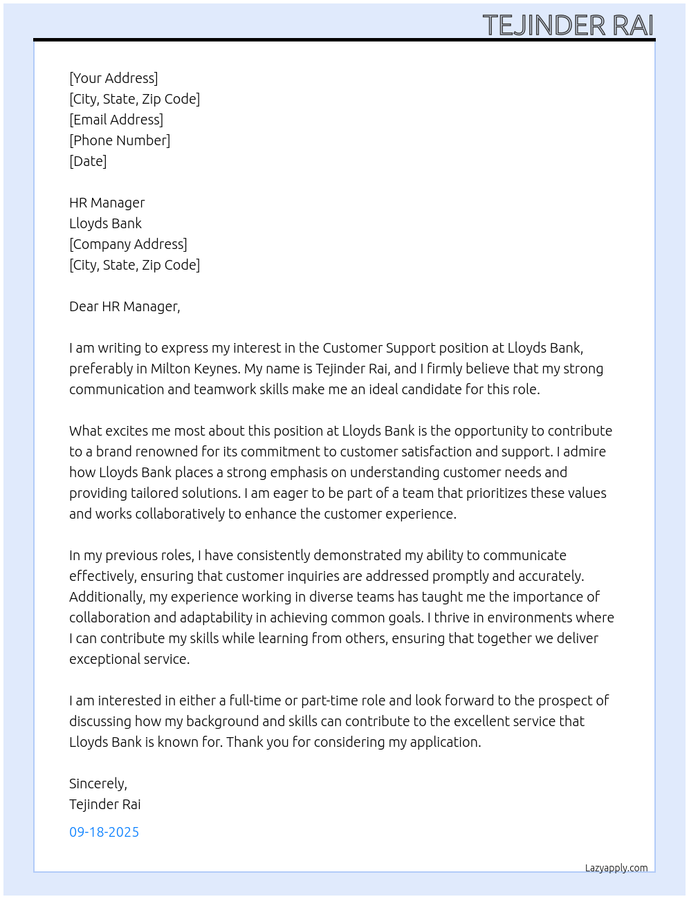 Customer support At Lloyds Bank Cover Letter