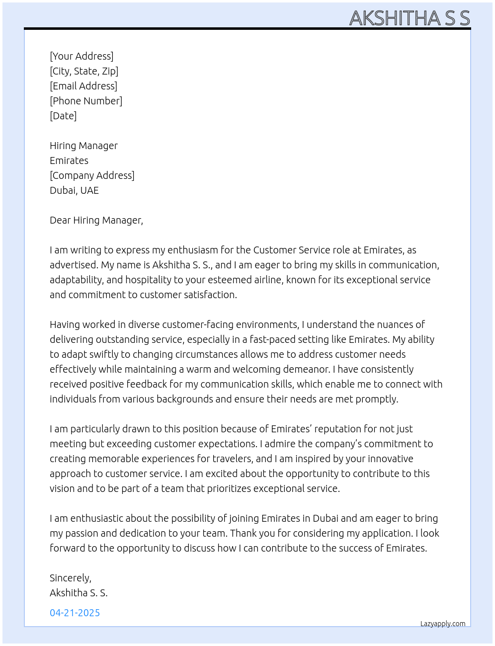 Customer service roles At Emirates  Cover Letter