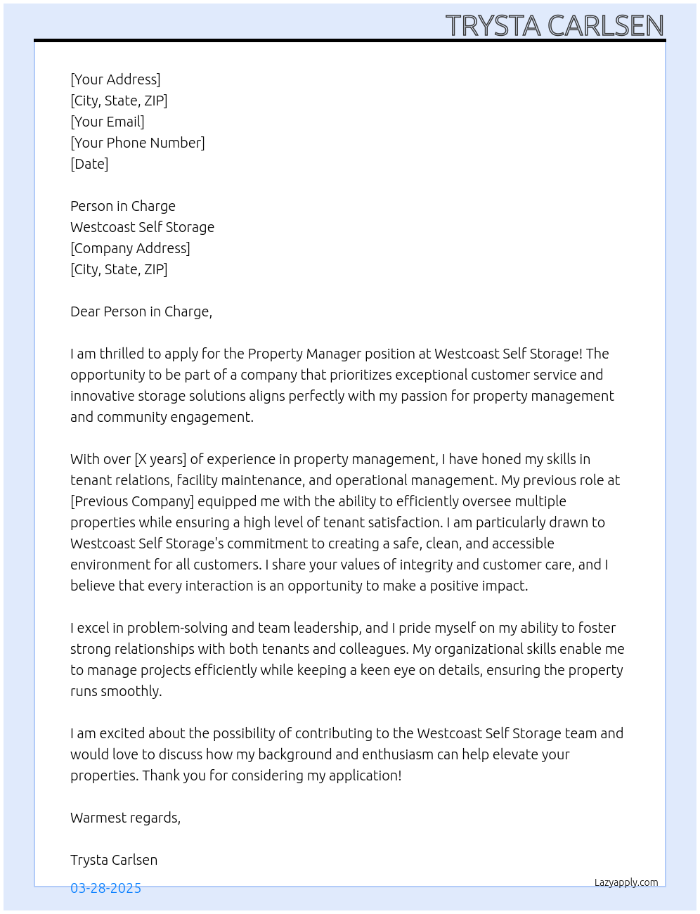 Property Manager At Westcoast Self Storage Cover Letter