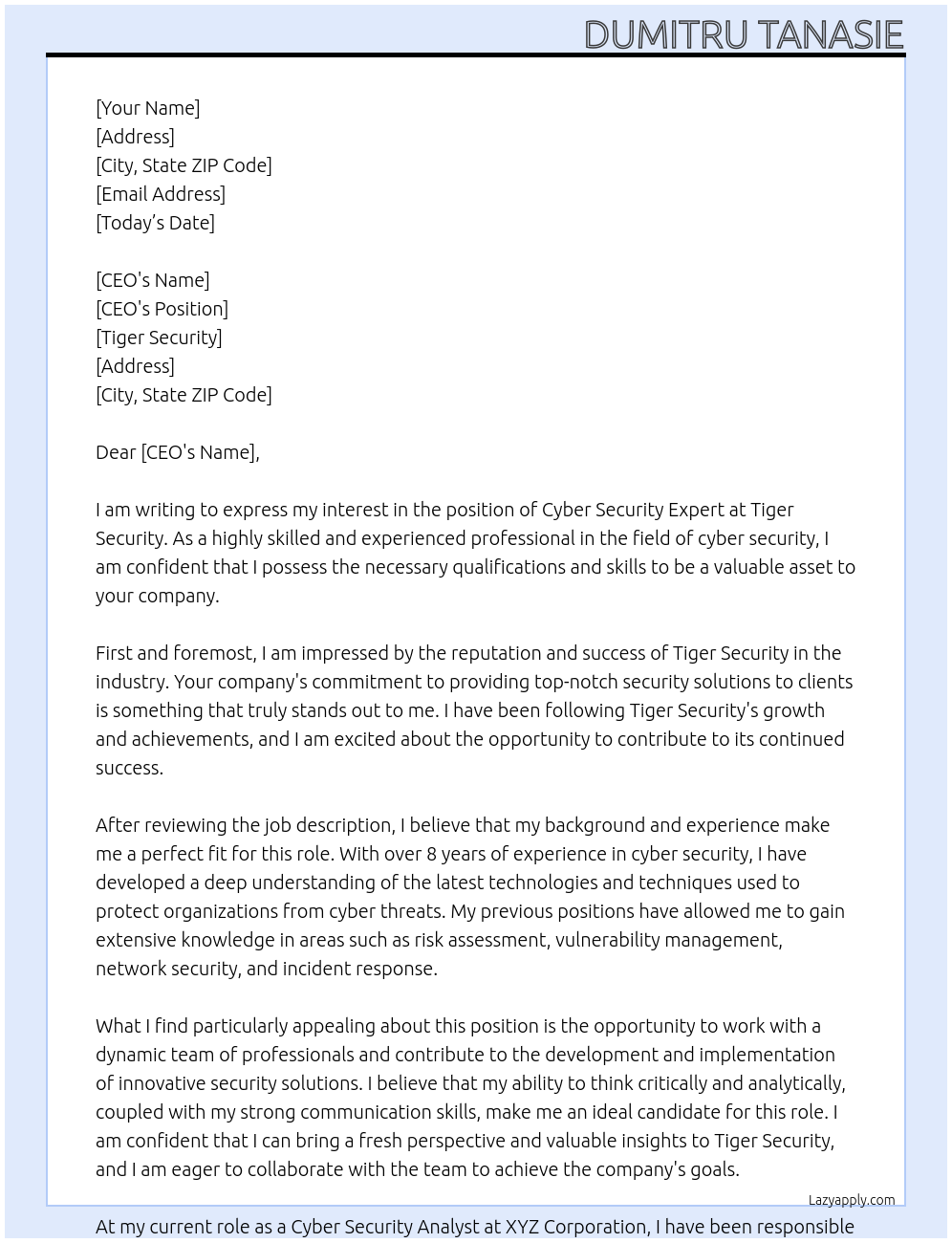 Cyber Security Expert At Tiger security Cover Letter