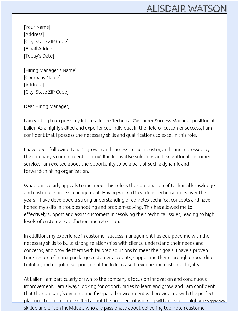 Technical Customer Success Manager At Laiier Cover Letter