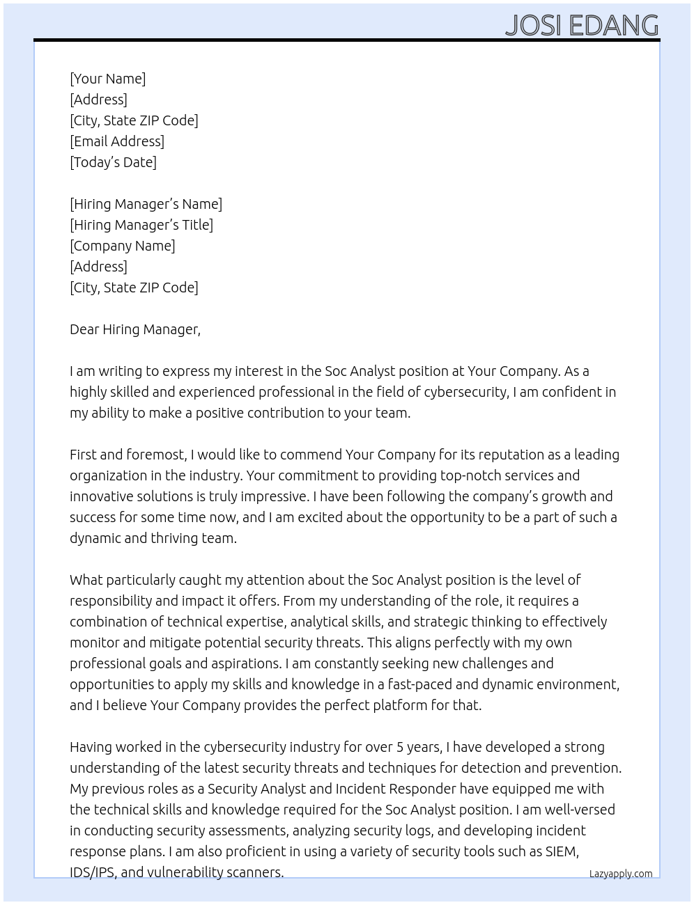 Soc Analyst At Your Comapny Cover Letter