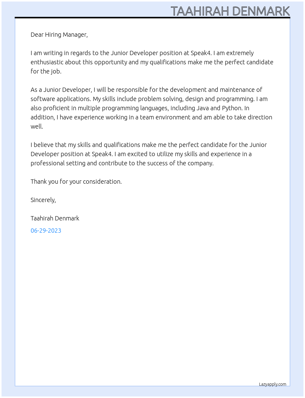Junior Developer At Speak4 Cover Letter
