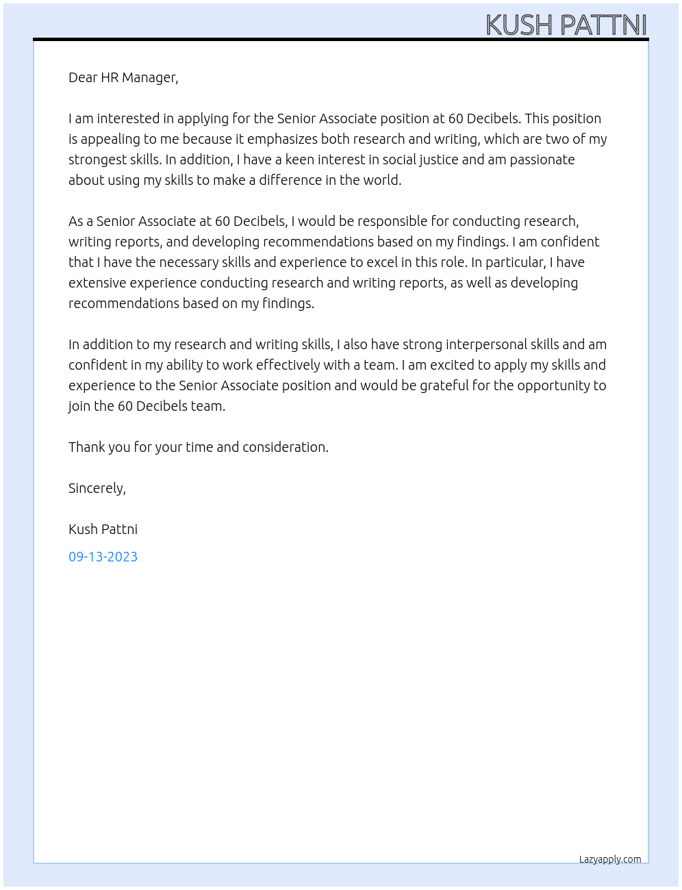 Senior Associate At 60 Decibels Cover Letter